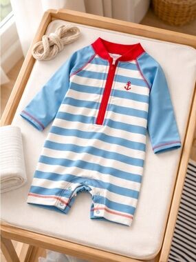 NWOT Little Me Toddler Boys Blue/White Rash Guard One Piece Swimsuit - Size 12M